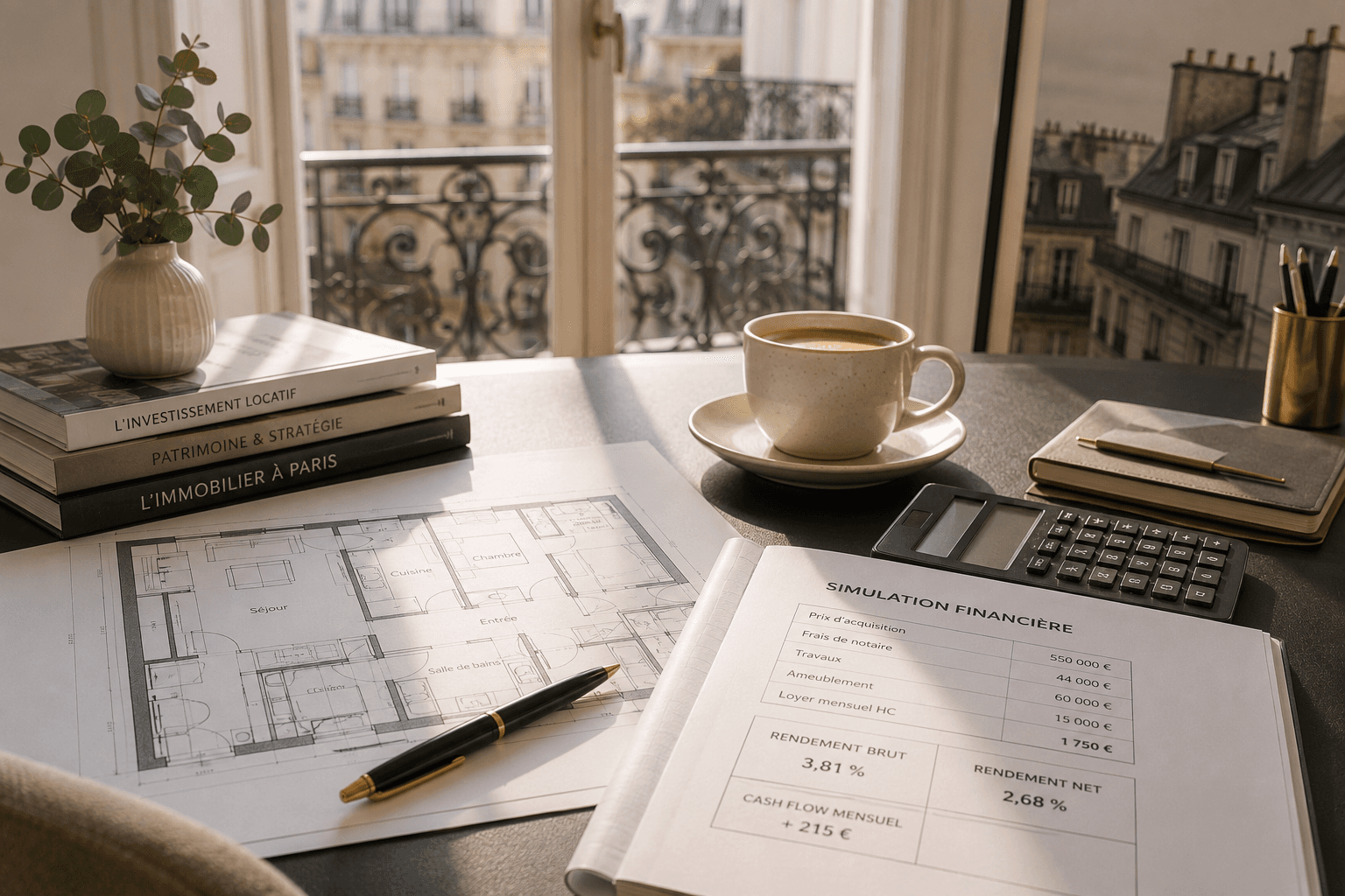 Buy-to-let investment simulation and floor plan illustrating the Jeanbrun scheme