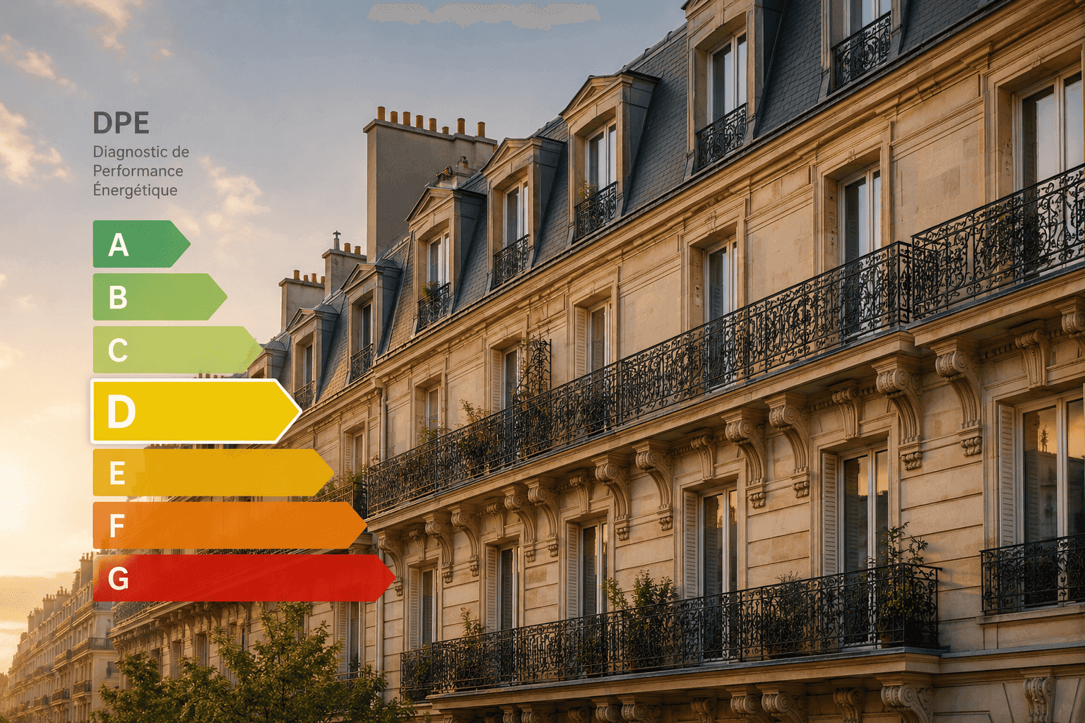 Old Paris building and DPE energy label symbolising the 2026 reform